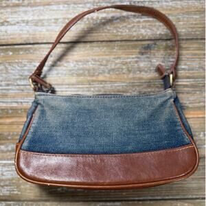 Y2K Denim Shoulder Bag Brown Trim Baguette Coquette Retro Streetwear 2000s